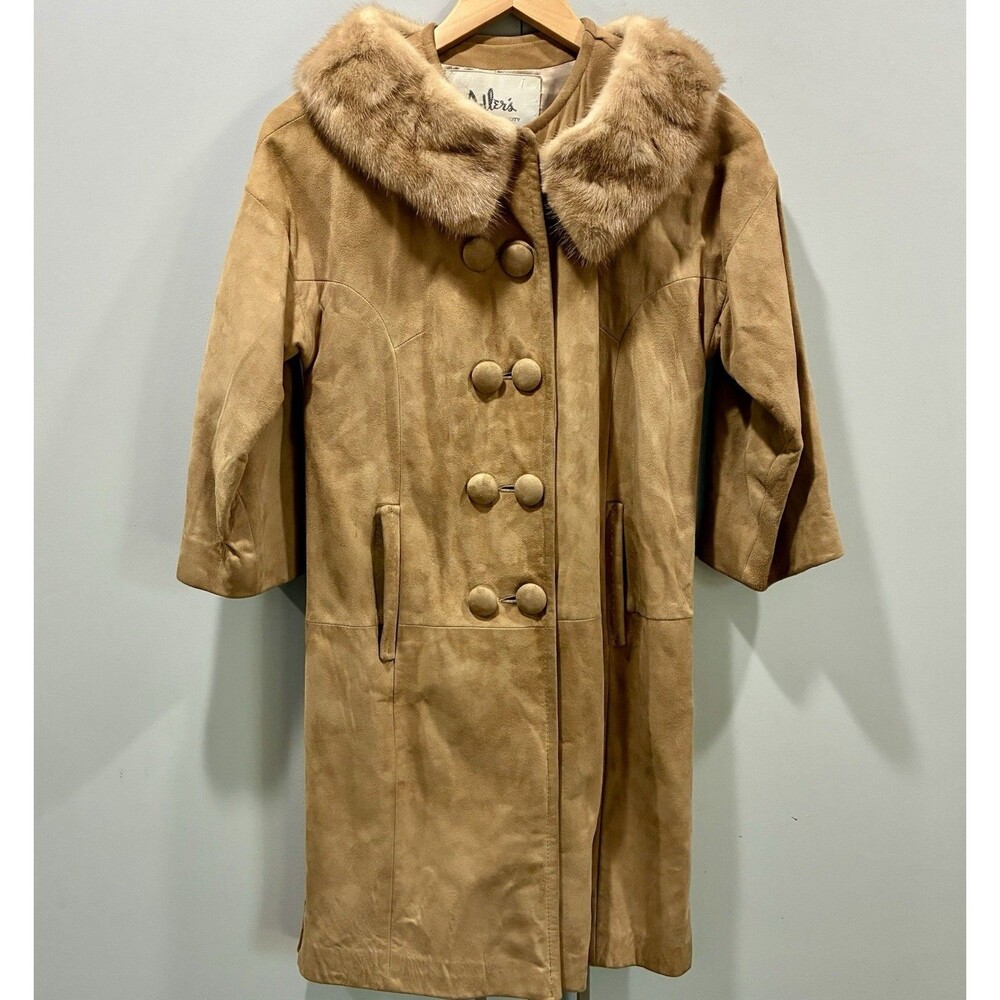 1940s 1950s Adler’s Kansas City Suede Coat Real Fur Collar XS S Vintage Glamour